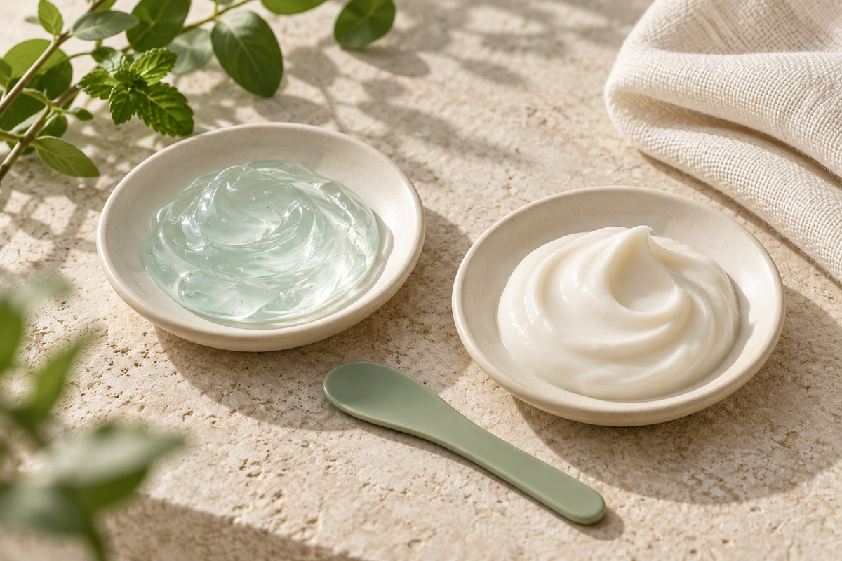 Illustrazione editoriale: texture di gel trasparente e crema ricca in due ciotole color avorio
