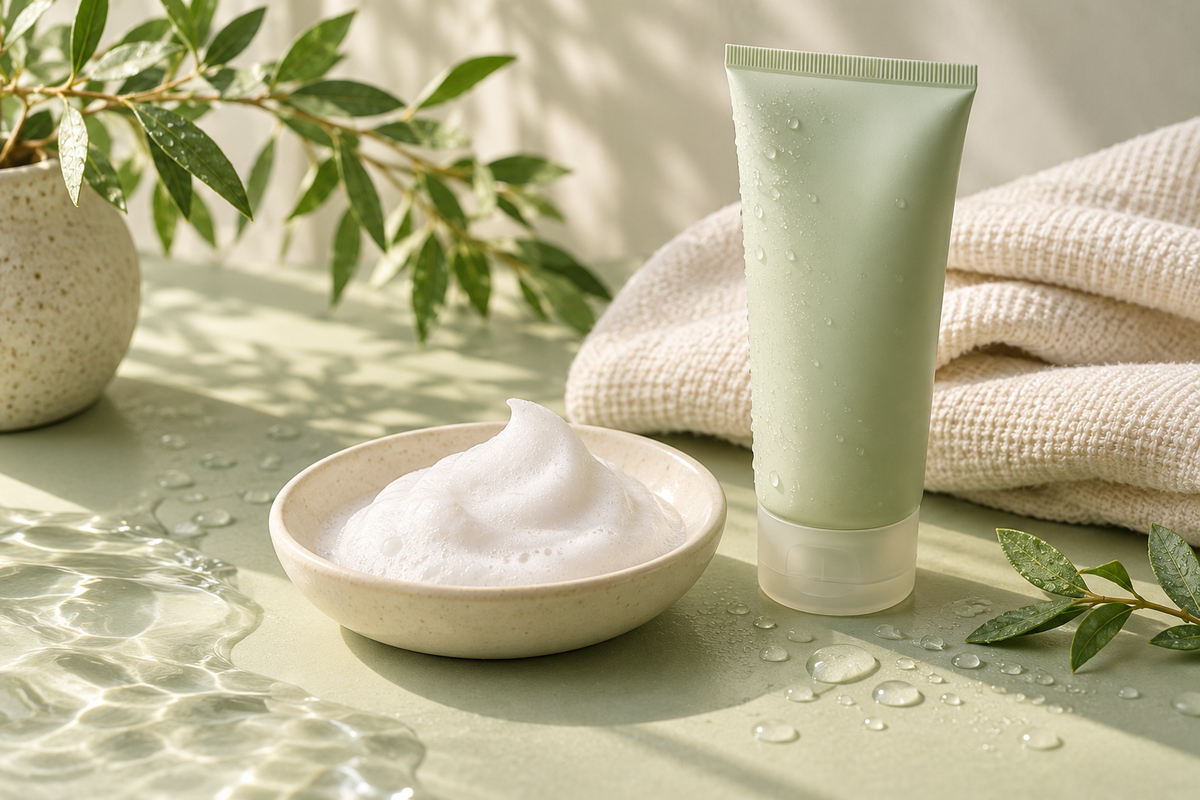 Scena illustrativa con schiuma detergente, ceramica avorio e lino su uno sfondo verde salvia