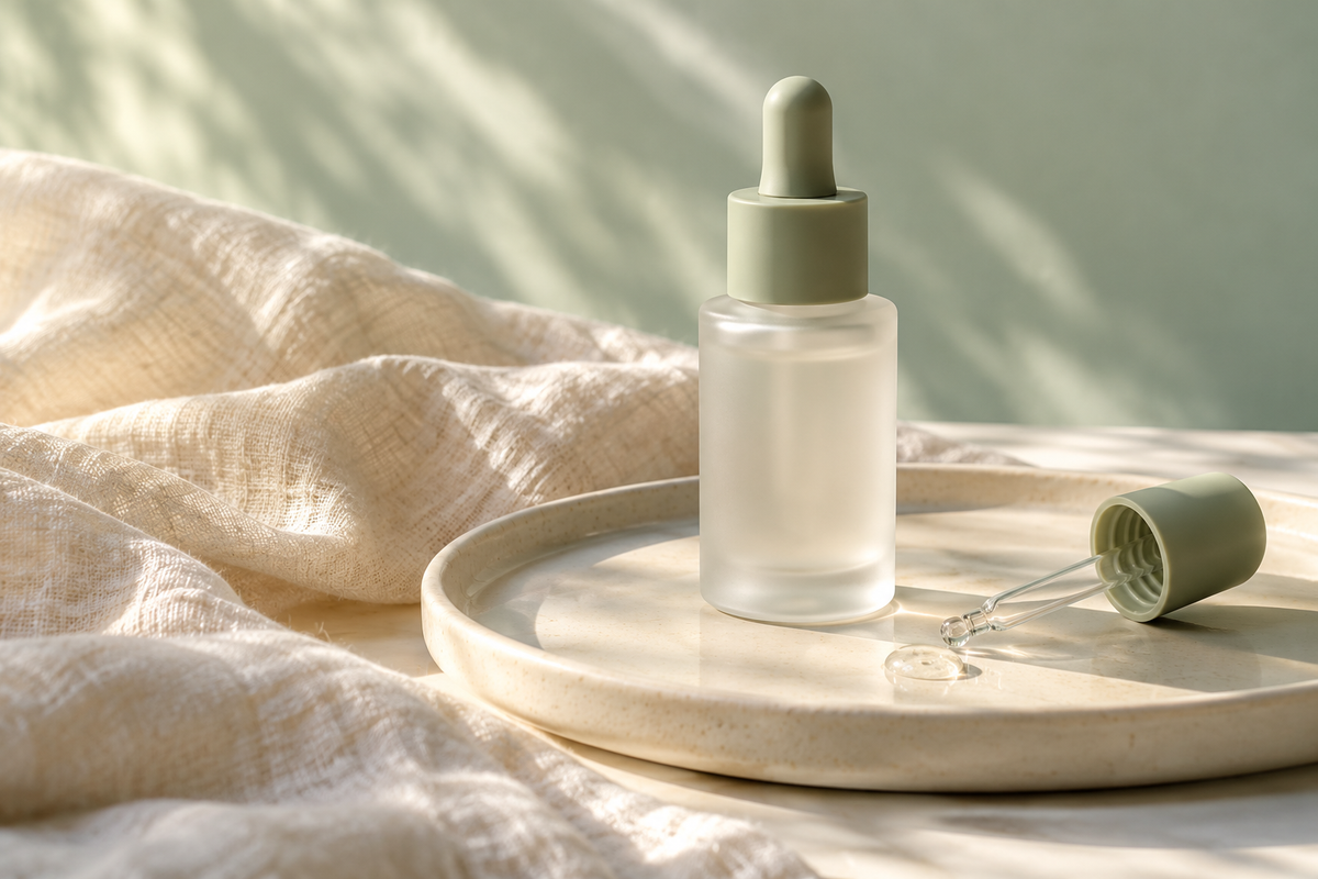 Flacone illustrativo di siero su un vassoio color crema, con lino e dettagli verde salvia