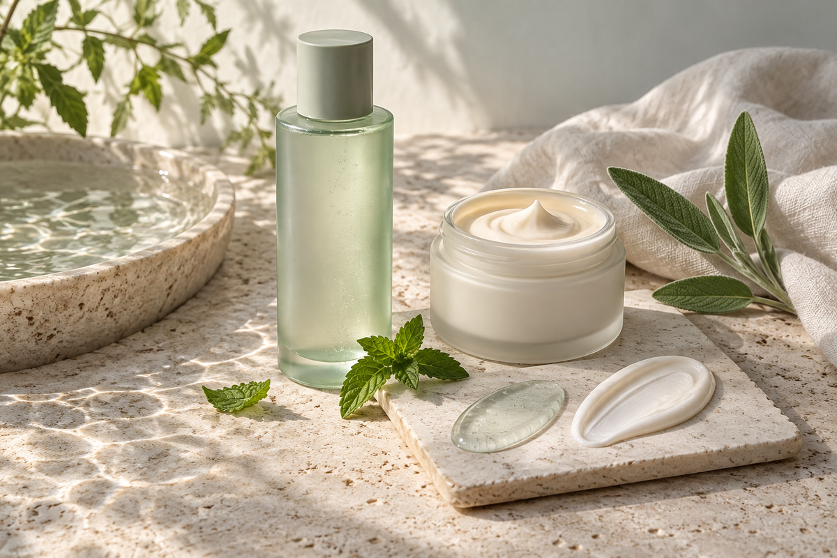 Composizione illustrativa con flacone salvia, crema avorio e texture idratanti su pietra chiara.