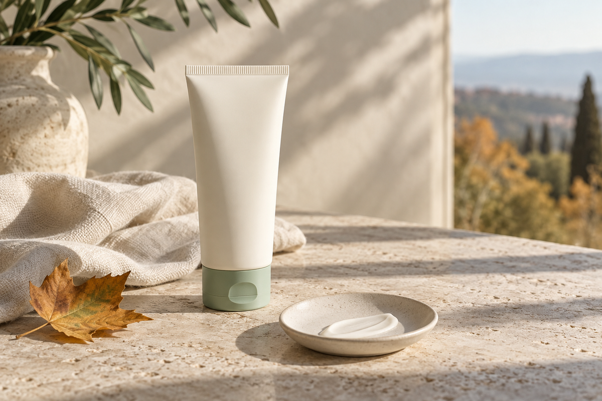 Still life illustrativo con tubo cosmetico, lino e foglia autunnale nella luce del pomeriggio